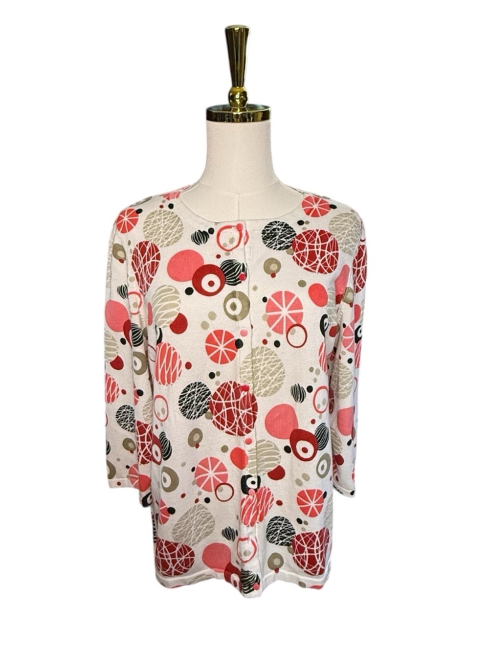 Christopher & Banks Cotton Coral Cream Red and Black Circle-Print Cardigan Sz L